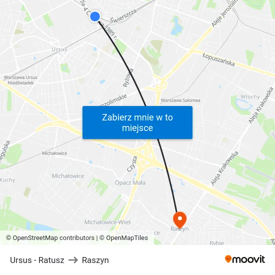 Ursus - Ratusz to Raszyn map