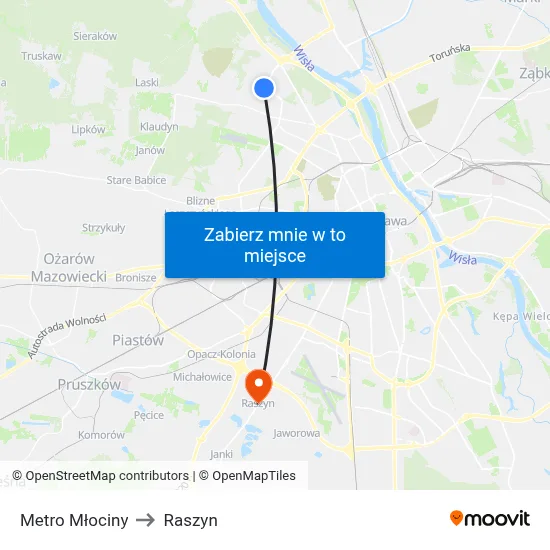Metro Młociny to Raszyn map