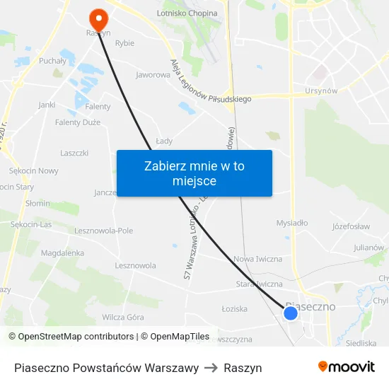 Piaseczno Powstańców Warszawy to Raszyn map