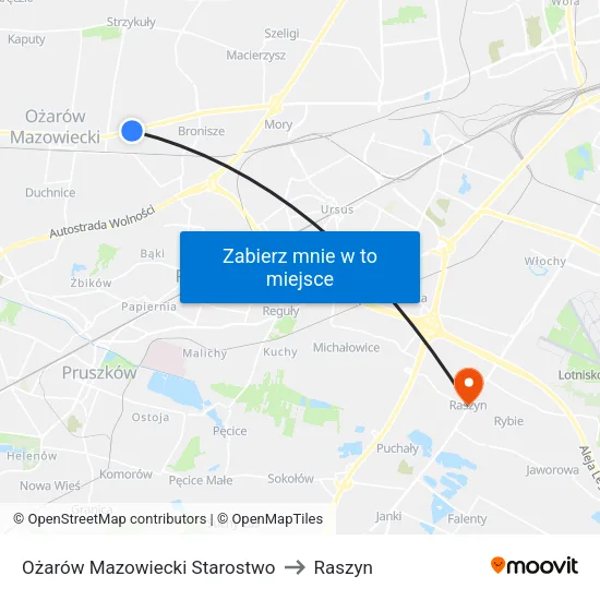 Ożarów Mazowiecki Starostwo to Raszyn map