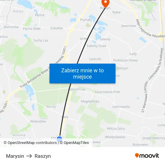Marysin to Raszyn map