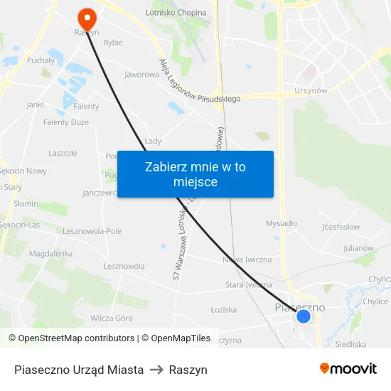 Piaseczno Urząd Miasta to Raszyn map