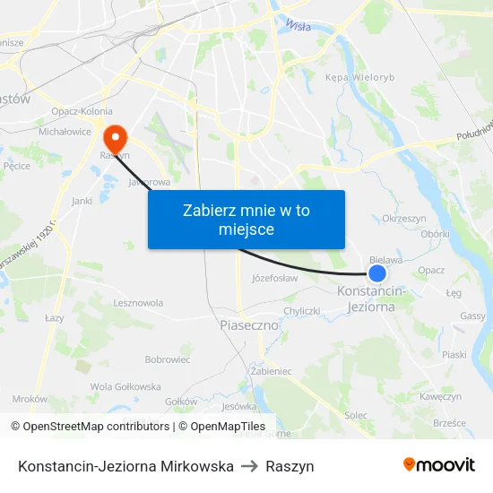 Konstancin-Jeziorna Mirkowska to Raszyn map