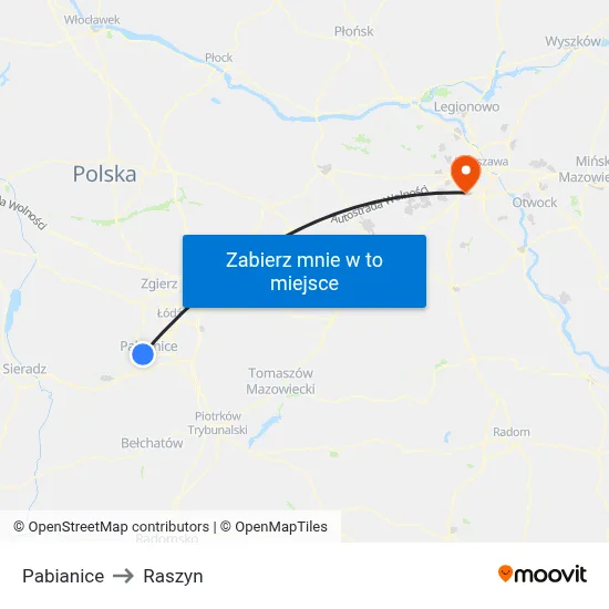 Pabianice to Raszyn map