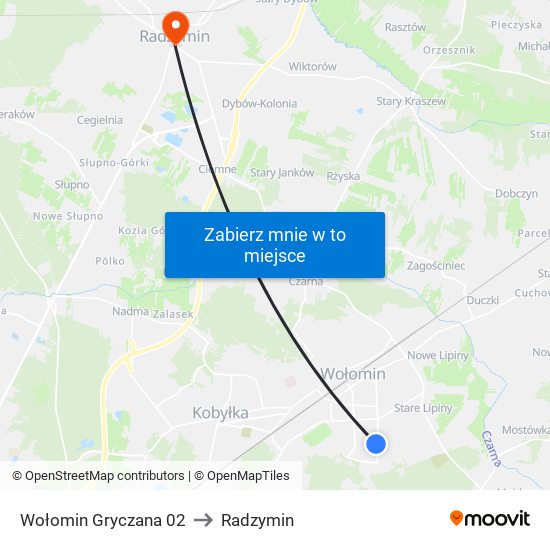 Wołomin Gryczana to Radzymin map