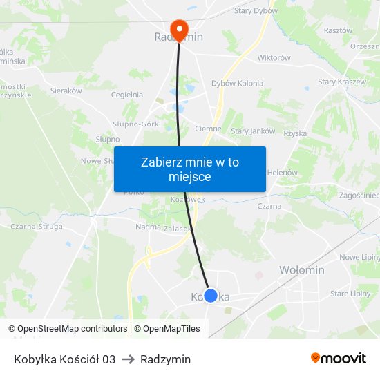 Kobyłka Kościół to Radzymin map