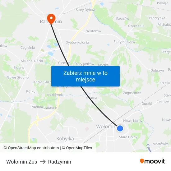 Wołomin Zus to Radzymin map