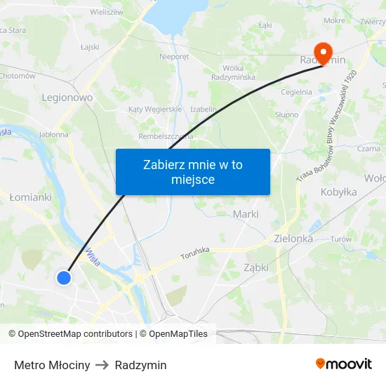 Metro Młociny to Radzymin map