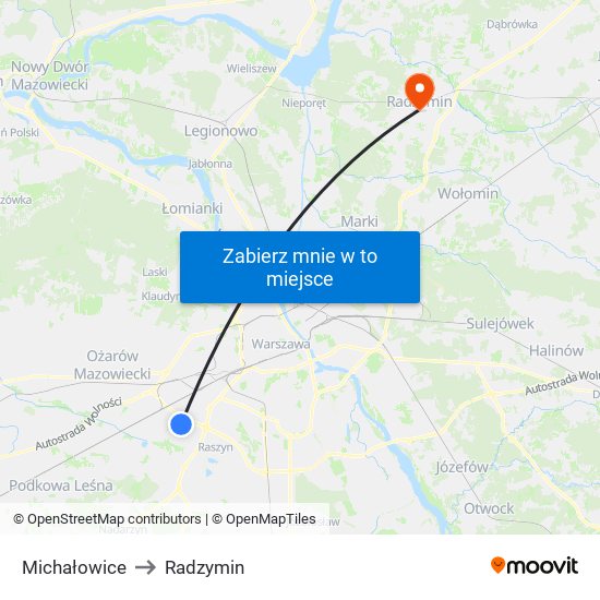 Michałowice to Radzymin map