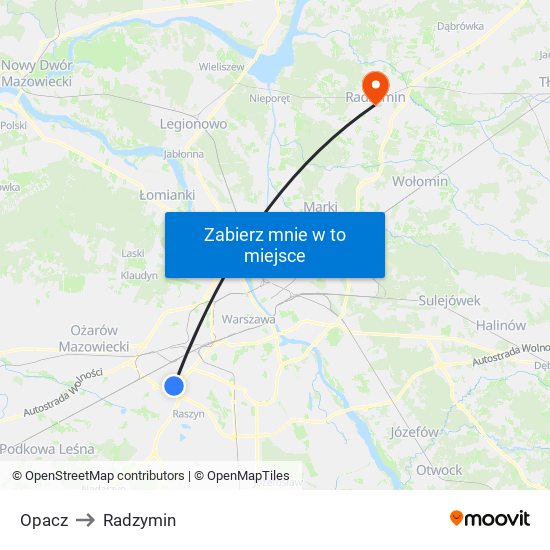 Opacz to Radzymin map