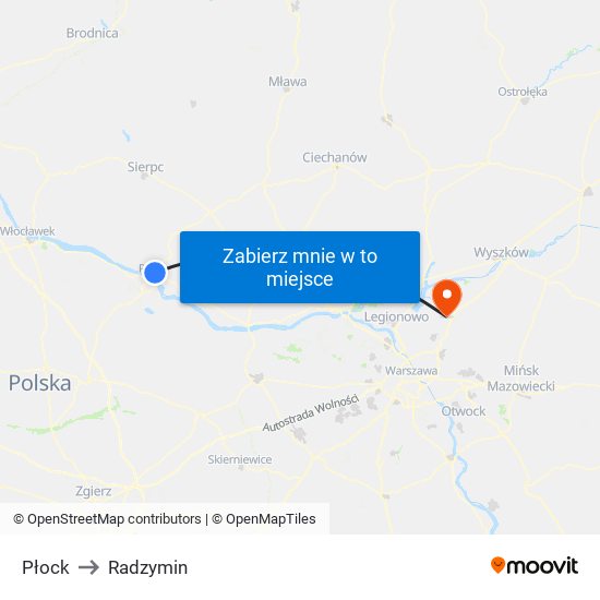 Płock to Radzymin map