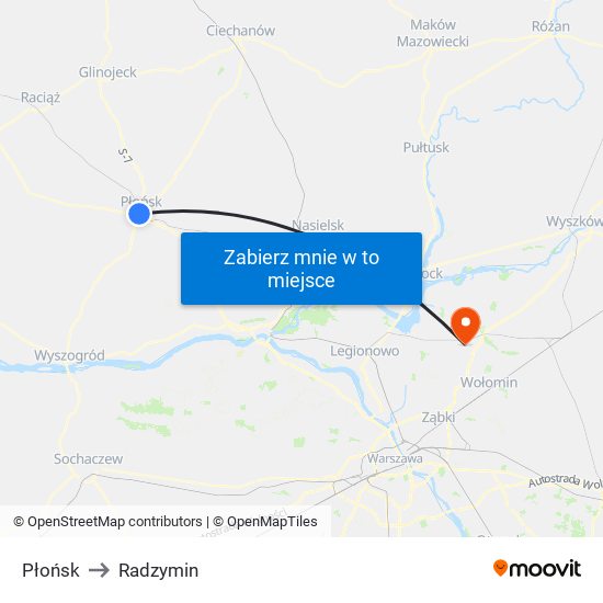 Płońsk to Radzymin map