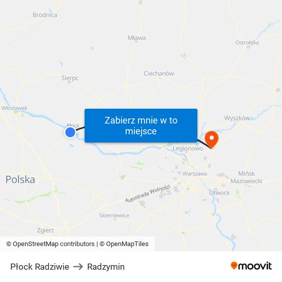 Płock Radziwie to Radzymin map