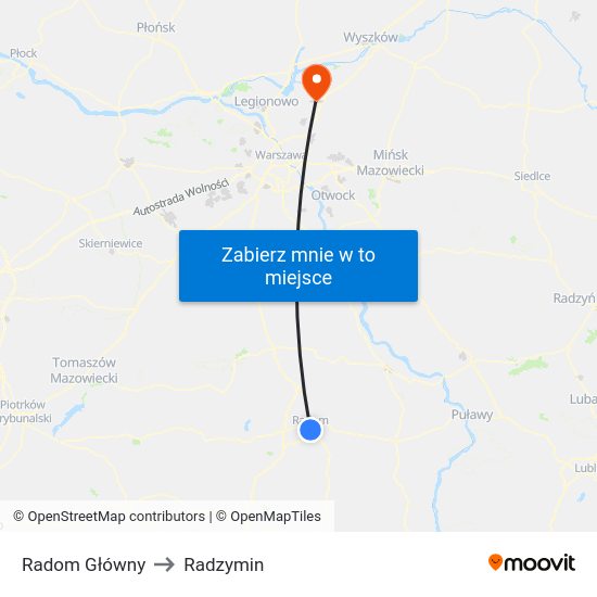 Radom Główny to Radzymin map