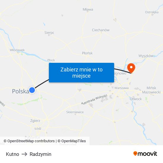 Kutno to Radzymin map