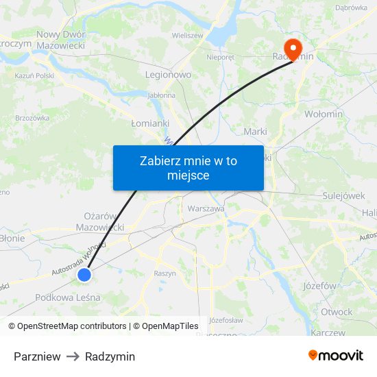 Parzniew to Radzymin map