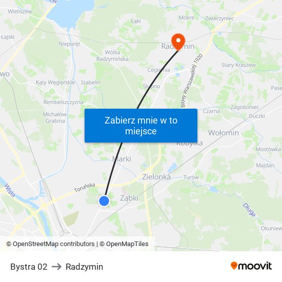 Bystra 02 to Radzymin map