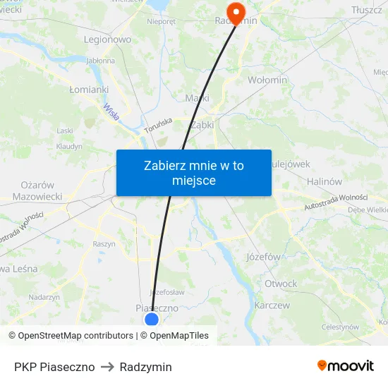 PKP Piaseczno to Radzymin map