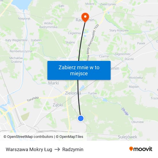 Warszawa Mokry Ług to Radzymin map