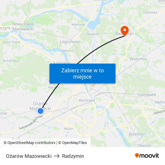 Ożarów Mazowiecki to Radzymin map