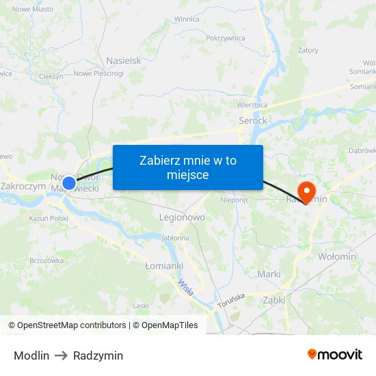 Modlin to Radzymin map