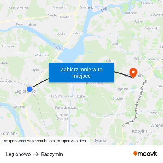 Legionowo to Radzymin map