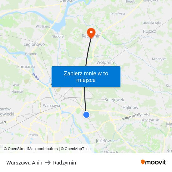 Warszawa Anin to Radzymin map