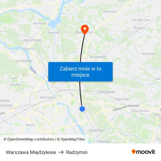 Warszawa Międzylesie to Radzymin map