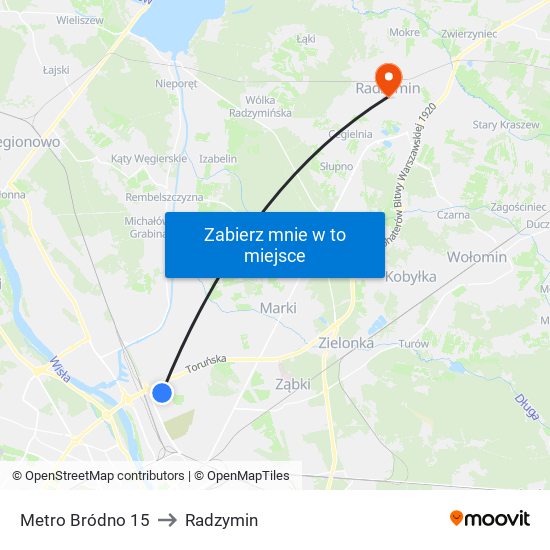 Metro Bródno 15 to Radzymin map