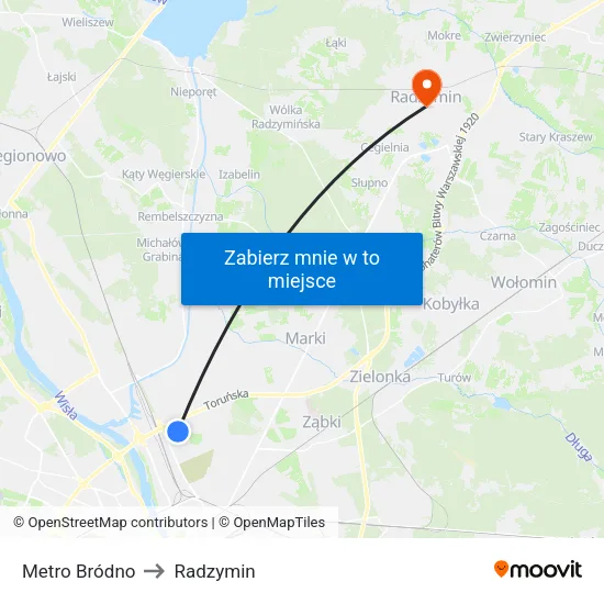 Metro Bródno to Radzymin map