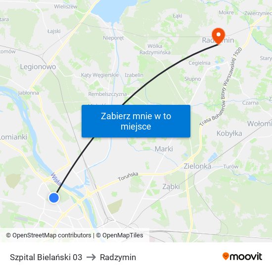 Szpital Bielański to Radzymin map