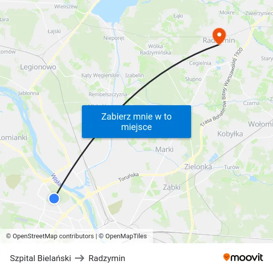 Szpital Bielański to Radzymin map