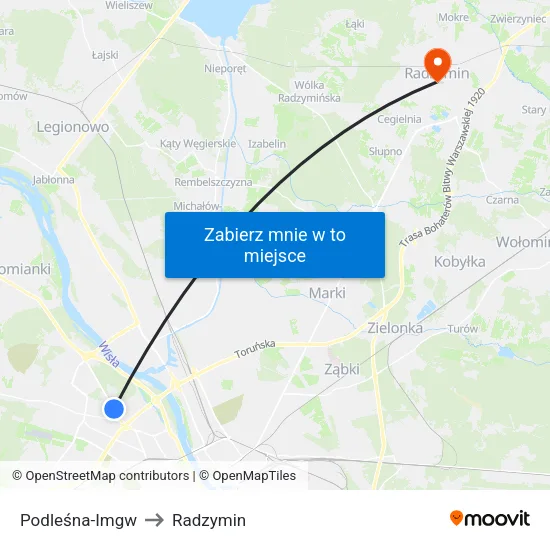 Podleśna - IMGW to Radzymin map