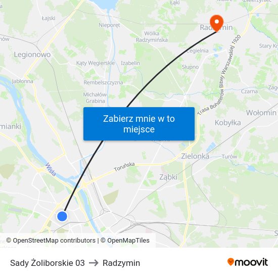 Sady Żoliborskie to Radzymin map