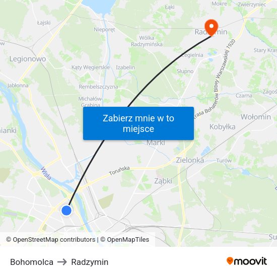 Bohomolca to Radzymin map