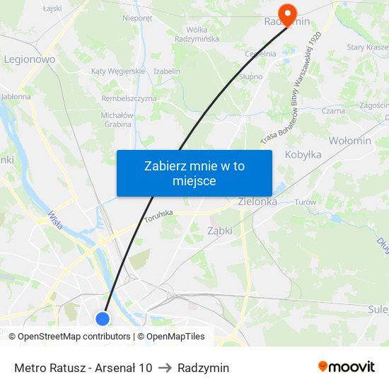 Metro Ratusz - Arsenał 10 to Radzymin map