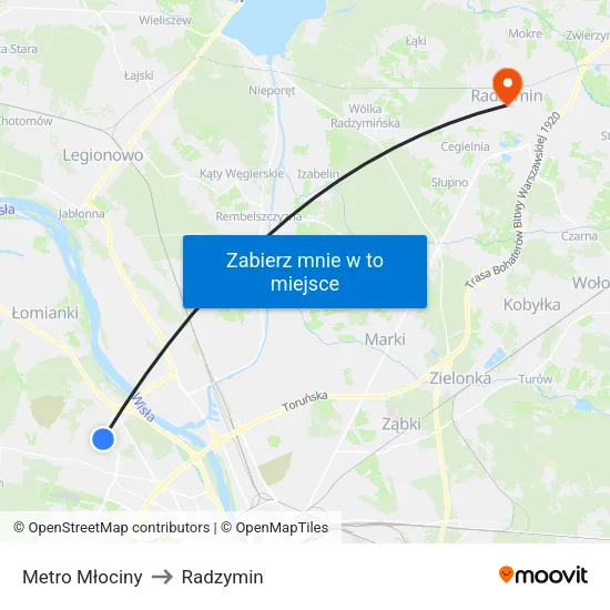 Metro Młociny to Radzymin map