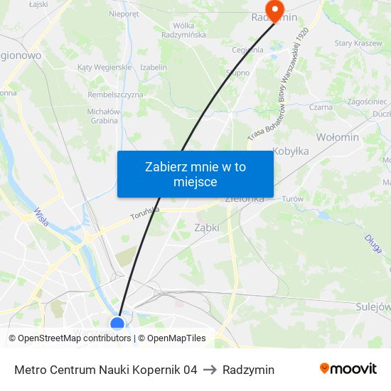 Metro Centrum Nauki Kopernik 04 to Radzymin map