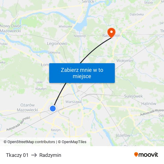 Tkaczy to Radzymin map