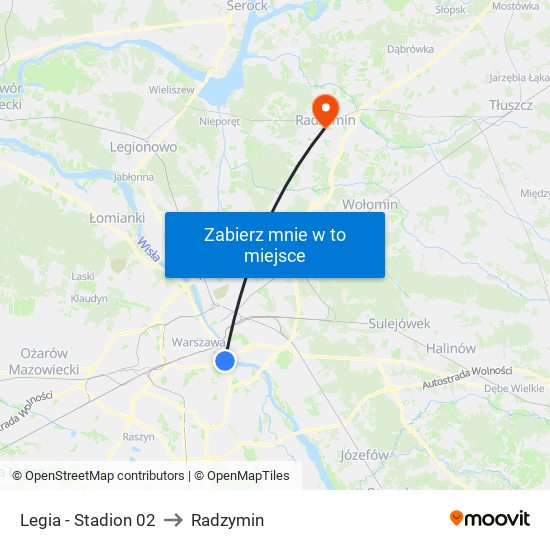 Legia - Stadion 02 to Radzymin map