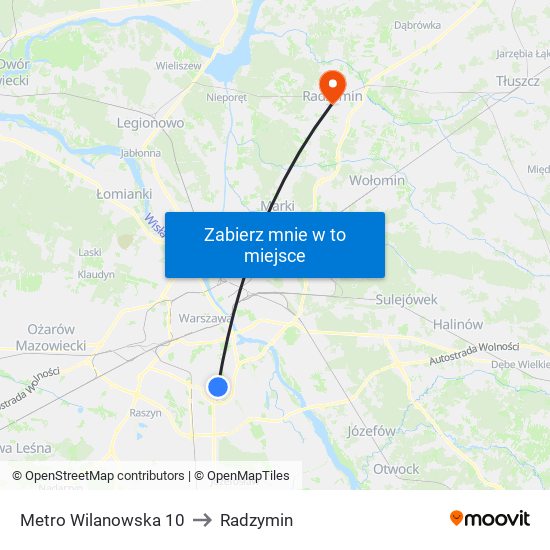 Metro Wilanowska 10 to Radzymin map