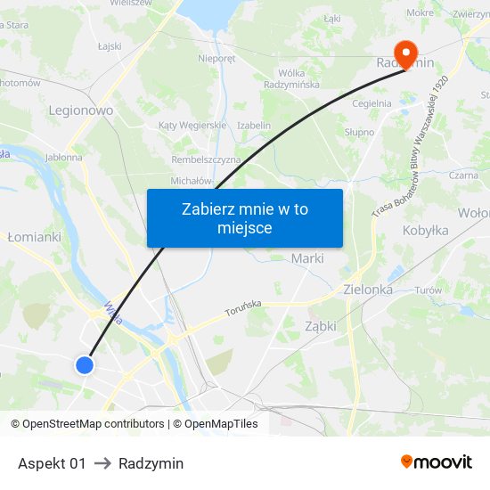 Aspekt to Radzymin map