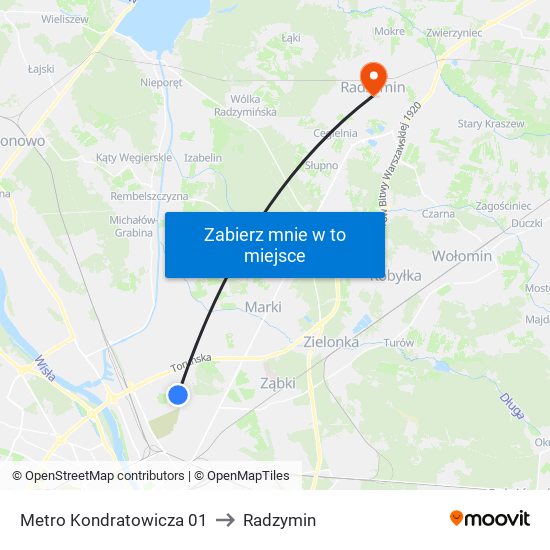 Metro Kondratowicza to Radzymin map