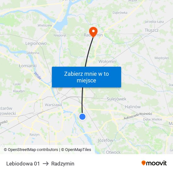 Lebiodowa to Radzymin map