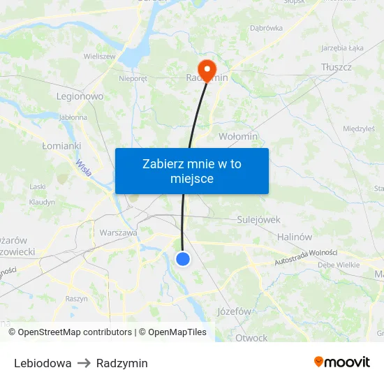 Lebiodowa to Radzymin map