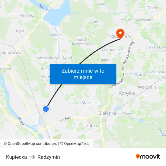 Kupiecka to Radzymin map