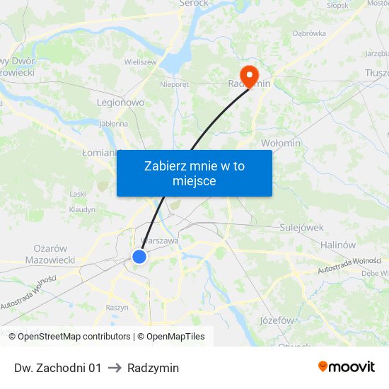 Dw. Zachodni 01 to Radzymin map