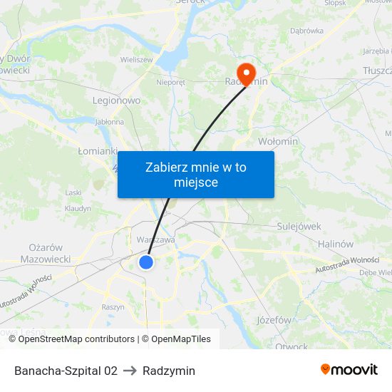 Banacha-Szpital to Radzymin map