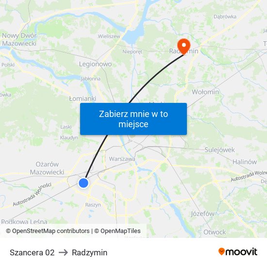 Szancera to Radzymin map