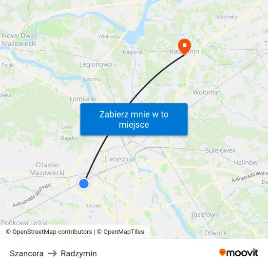 Szancera to Radzymin map